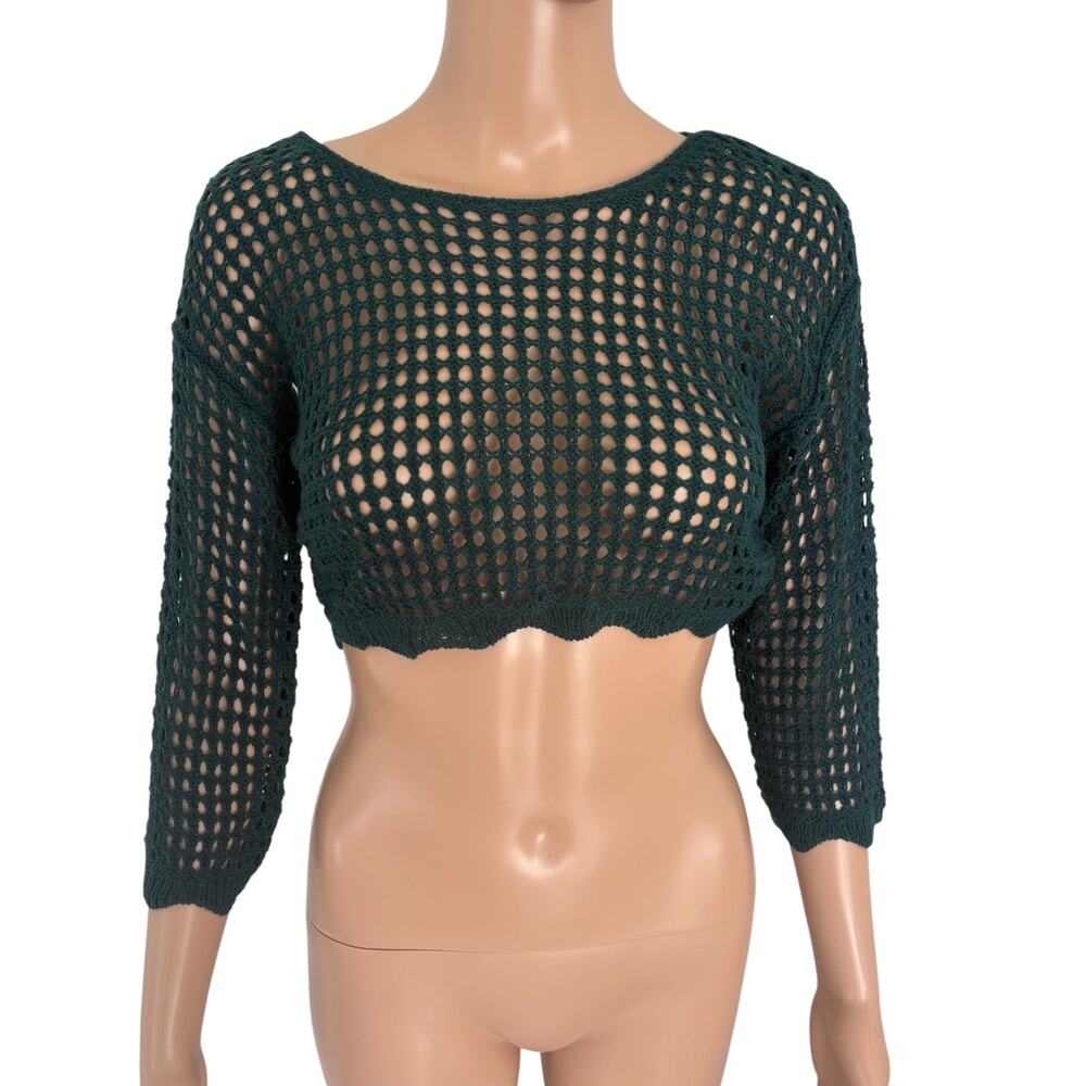 Y2K Style Crochet Open Knit Crop Sweater Top M Forest Green Whimsical Granola